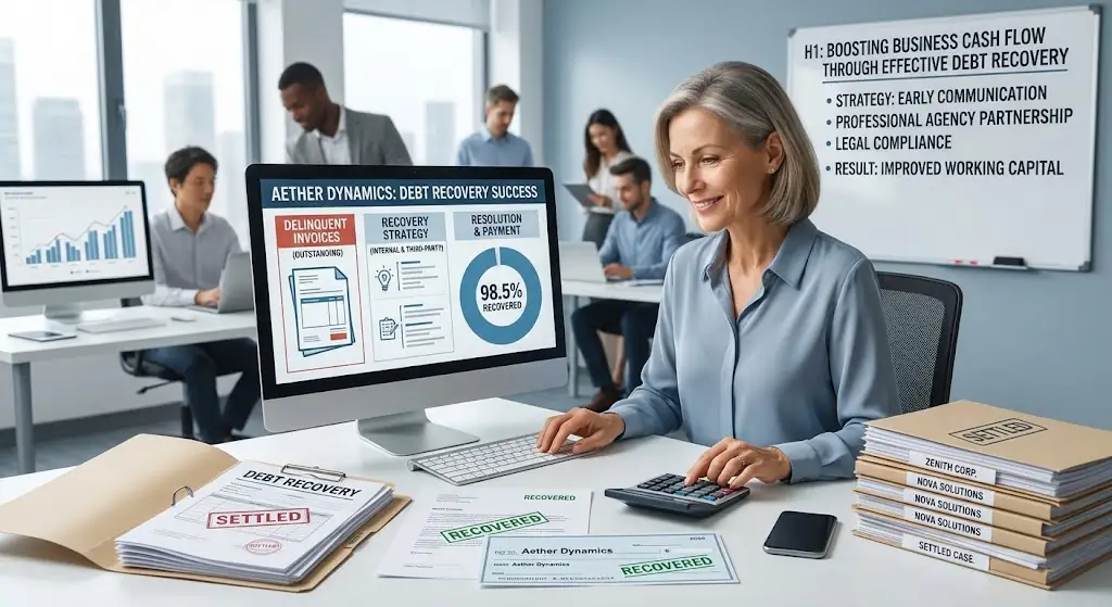 Business professional reviewing debt recovery results and recovered invoices in a modern office.