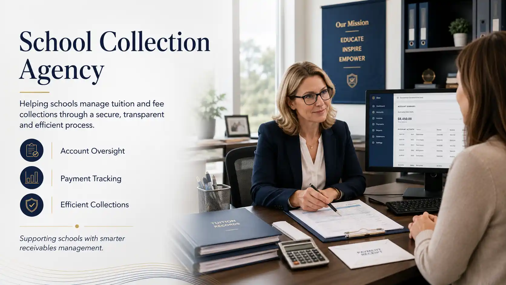 School administrator reviewing tuition payment records and student fee collection accounts in a school finance office.