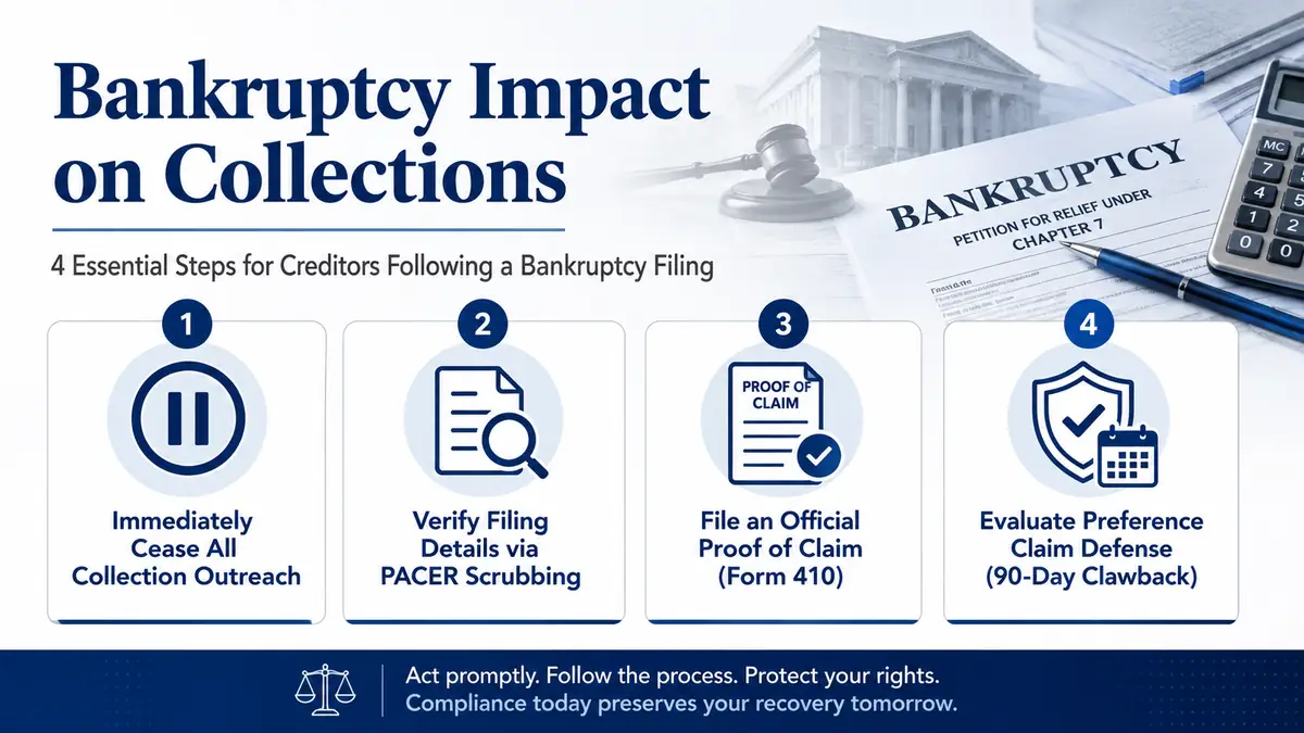 Bankruptcy impact on collections infographic showing four creditor steps: stop collection outreach, verify filing through PACER, file Form 410, and evaluate 90-day preference claims.
