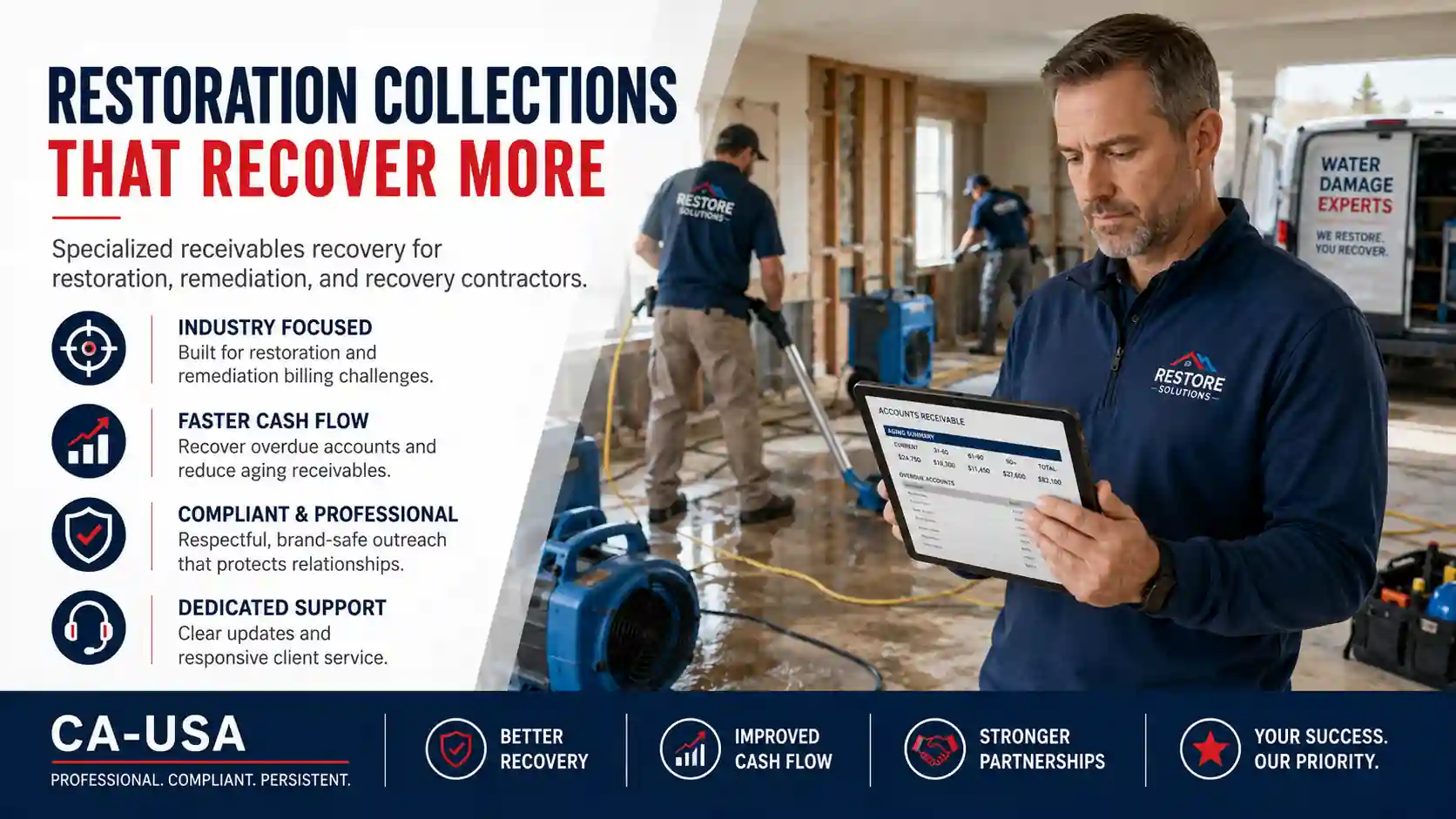 Commercial dehumidifiers and air movers deployed on a water mitigation job site, representing equipment usage logs required for insurance billing.