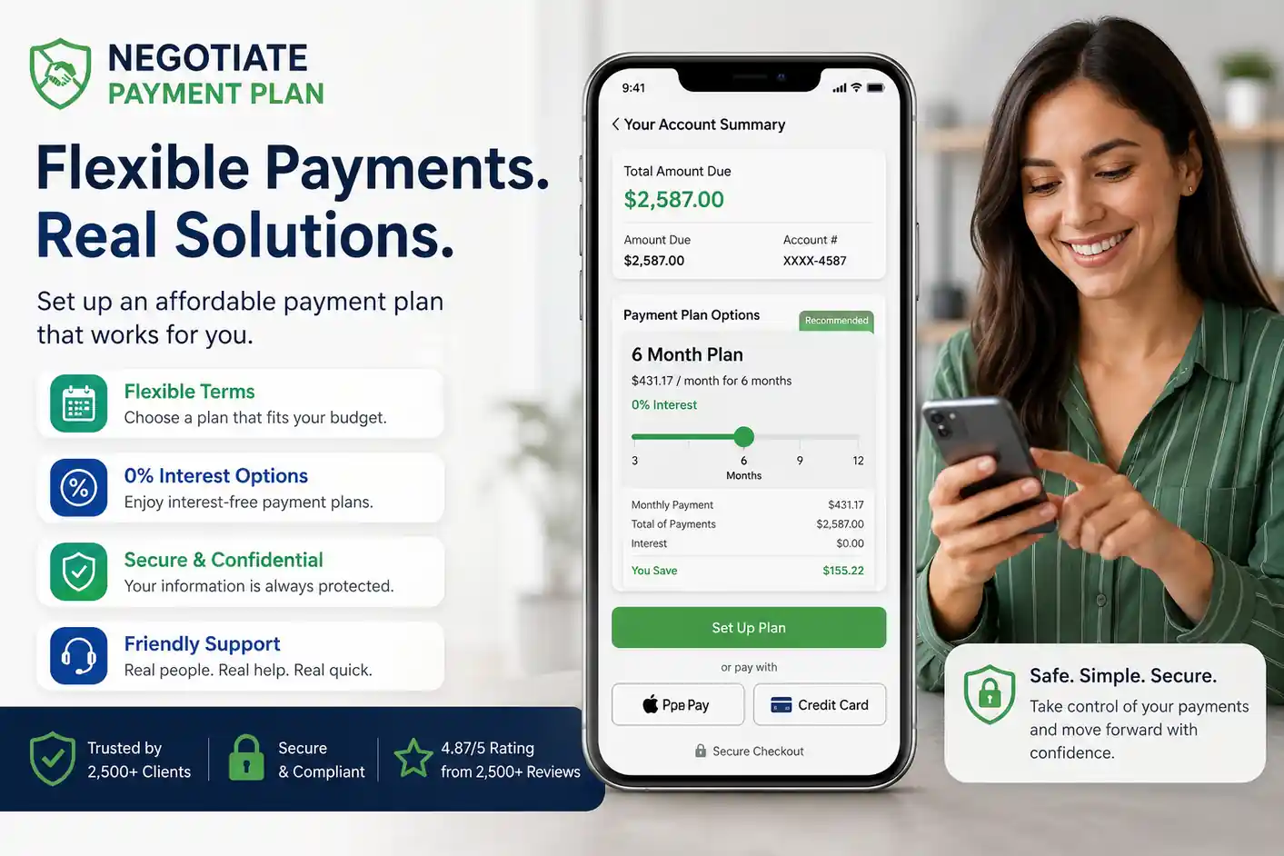 Woman using a secure online portal to negotiate a flexible, interest-free debt payment plan. It emphasizes flexibility, security, confidentiality, and supportive debt resolution.