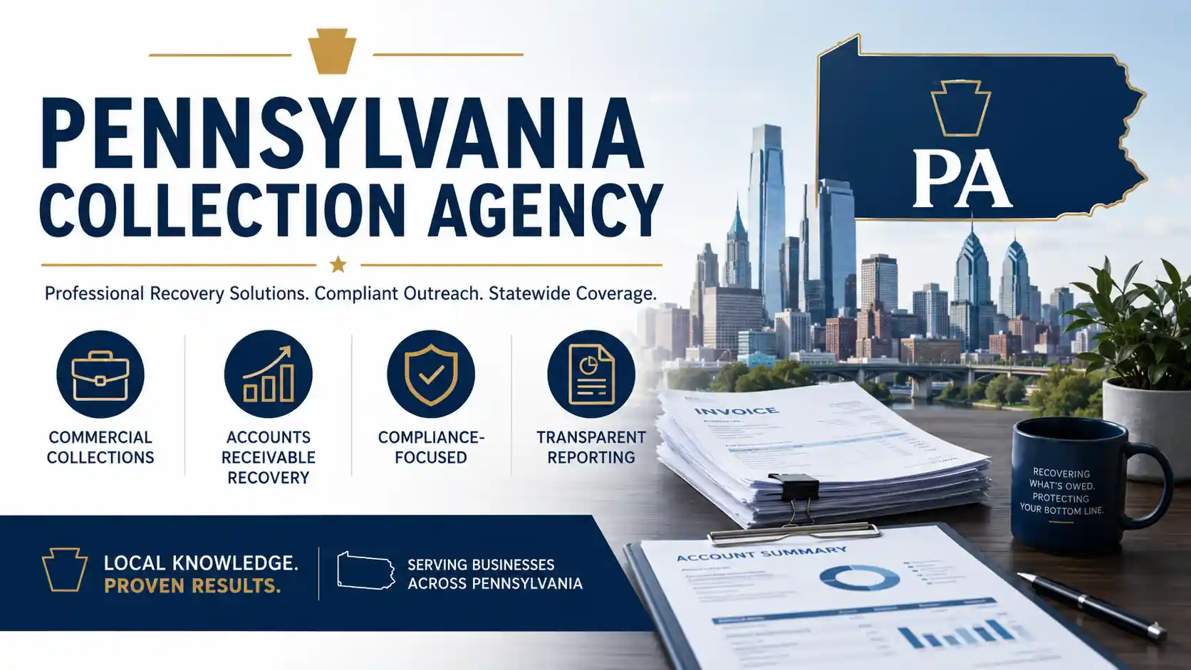 Pennsylvania collection agency services banner with Philadelphia skyline, state outline, invoices, and icons for commercial debt recovery, compliance, and transparent reporting.