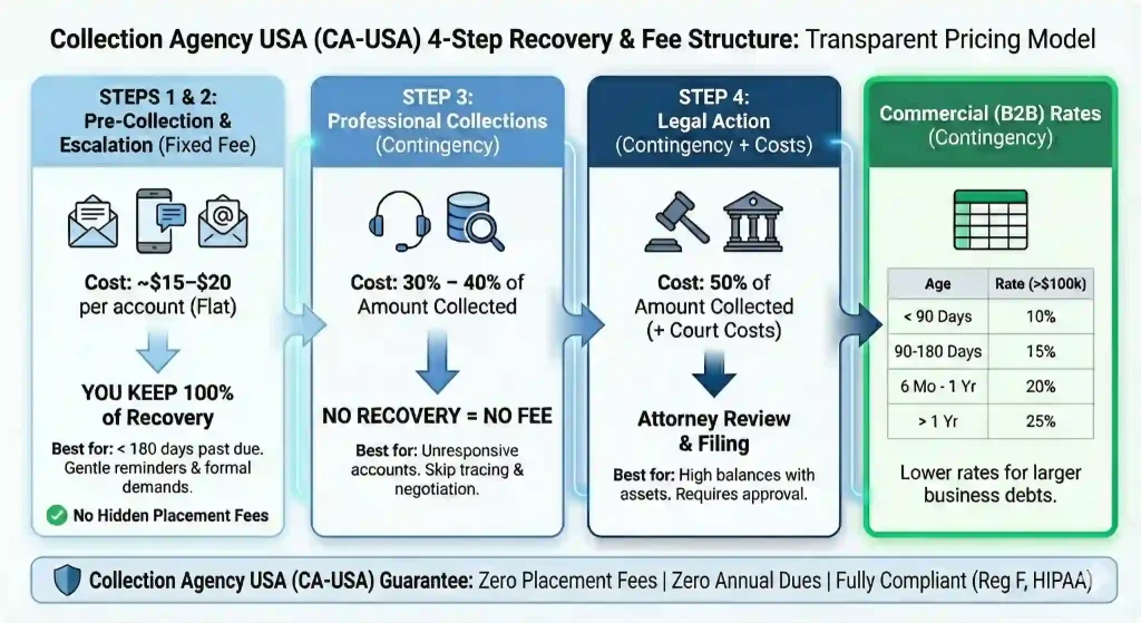 Various services of CA-USA include fixed fee services starting $16 per account, and contingency fee of 40%